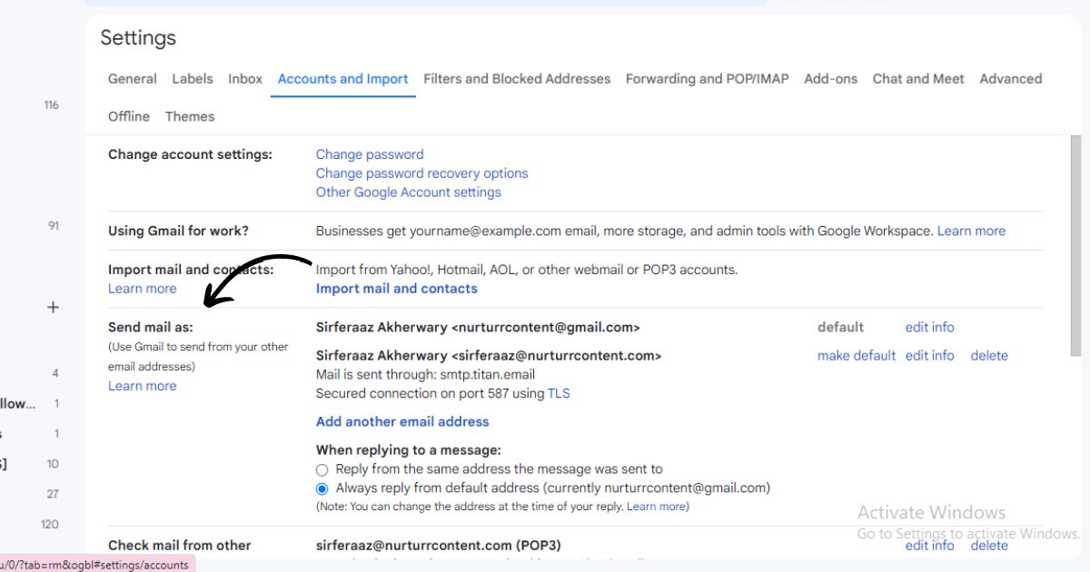 the titan email in the 'send mail a's section of gmail